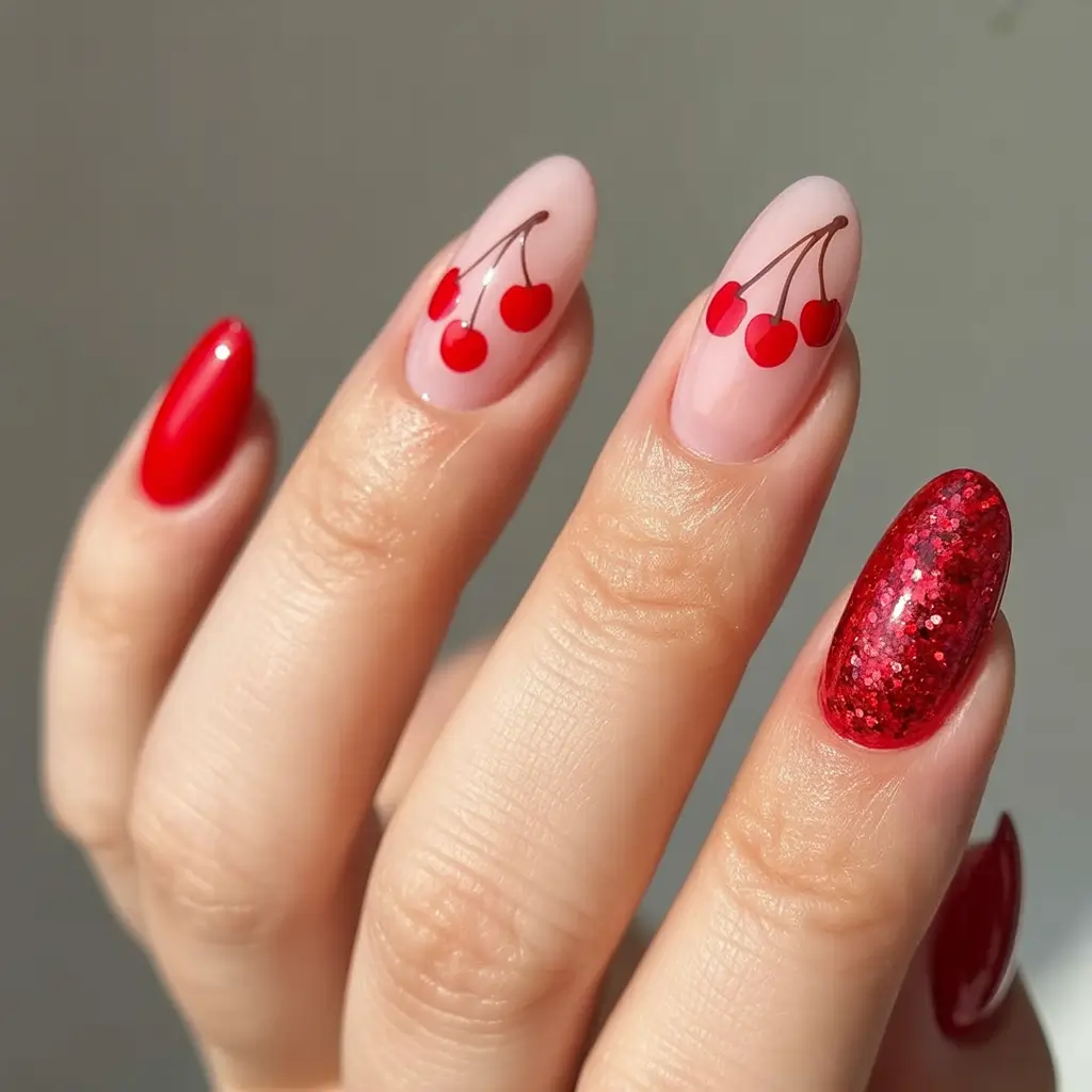 cherry-nails-inspo-2025-Cherry-Bling-and-Barely-There-Blush