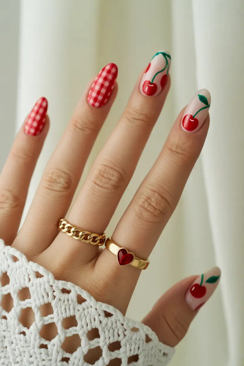 cherry-nails-inspo-2025-Retro-Gingham-&-Garden-Cherries