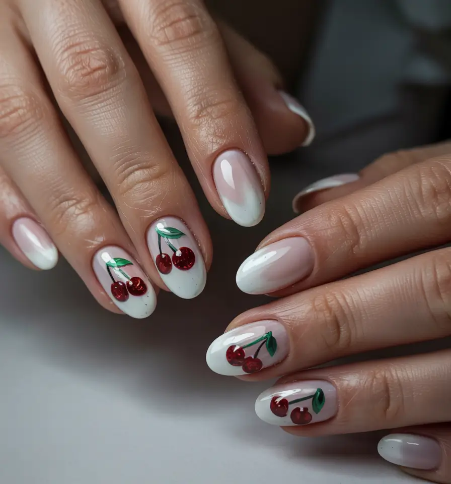 cherry-nails-inspo-2025-classic-white-tips-with-glossy-cherry-spark