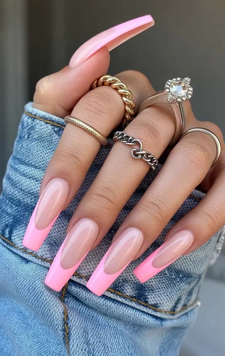 coffin summer nails ideas 2025 Hot Pink Tips with a Retro Twist