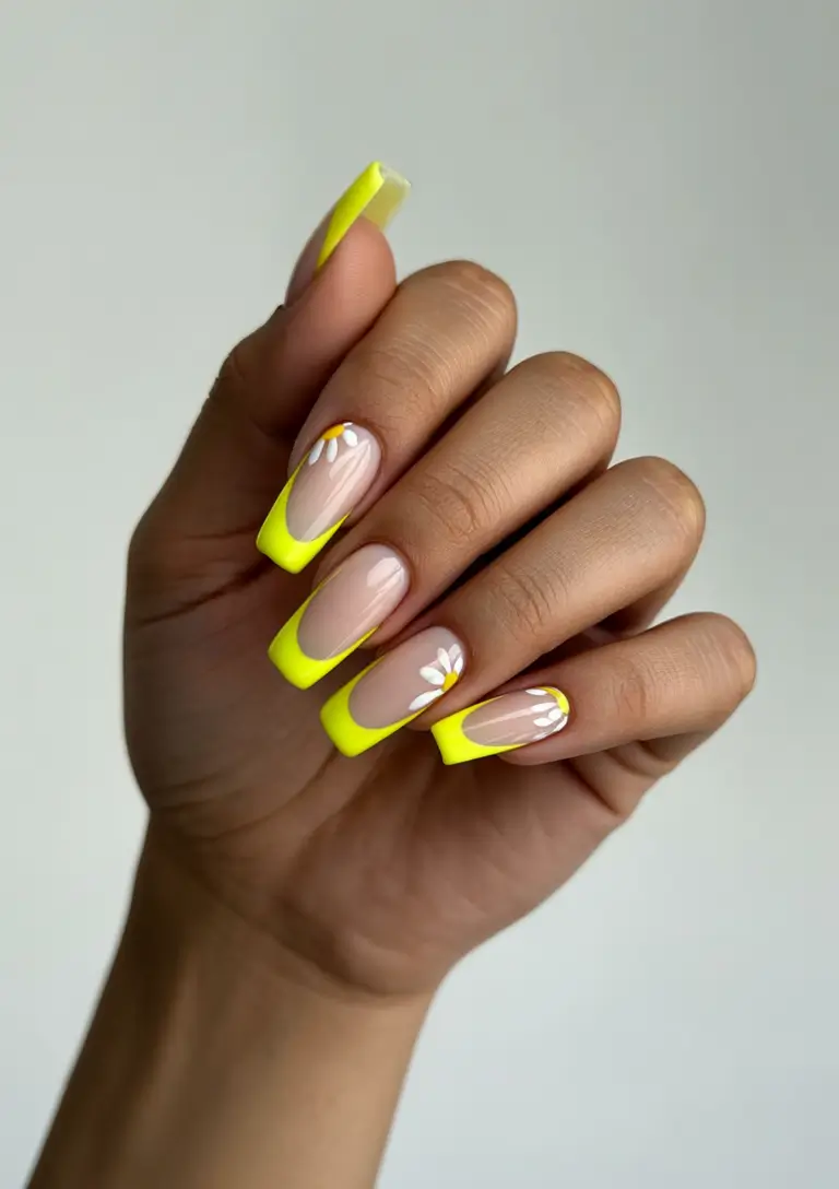 coffin summer nails ideas 2025 Neon Daisy Pop