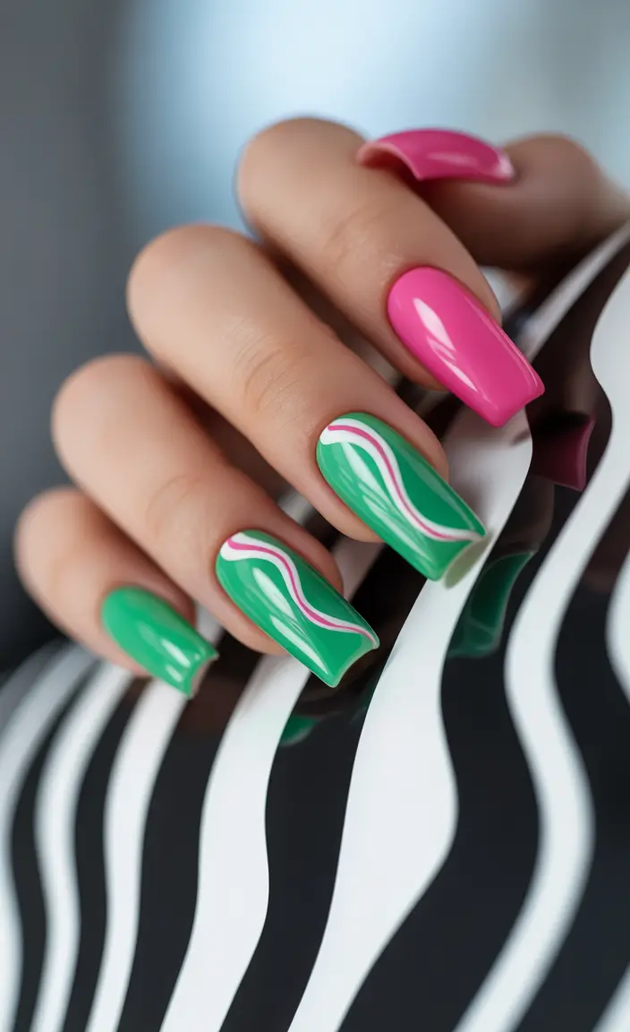 coffin summer nails ideas 2025 Watermelon Pop and Wavy Grooves