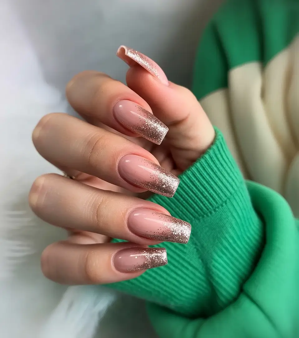 coffin summer nails ideas 2025 Champagne Glitter Fade