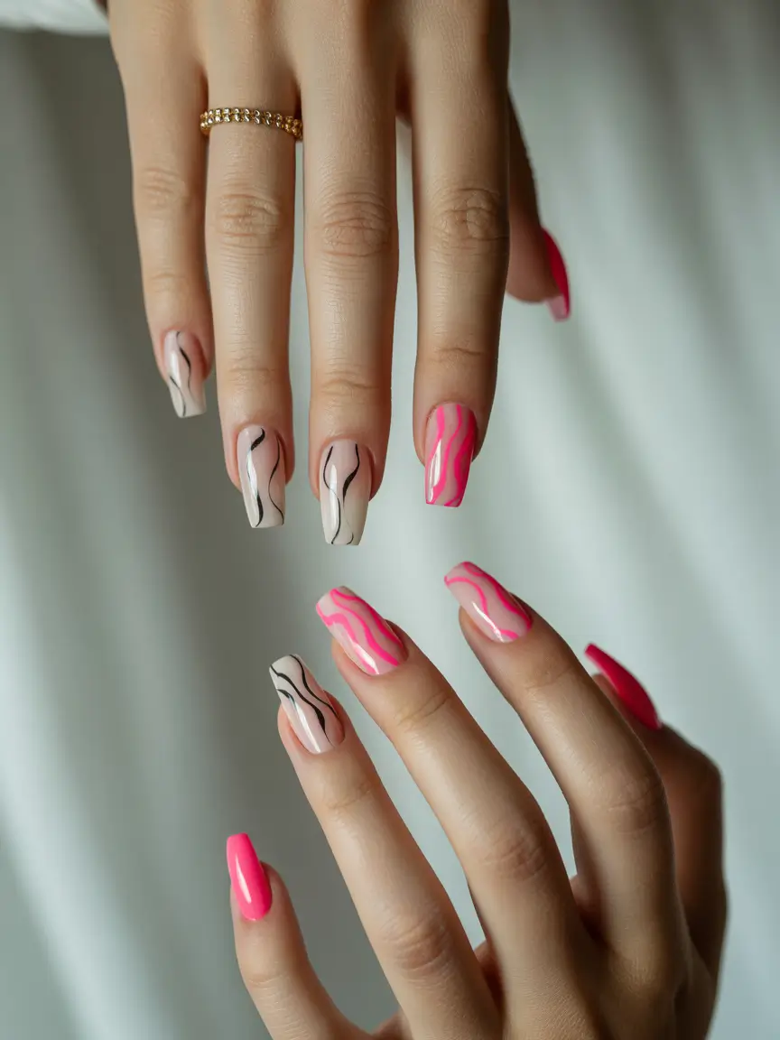 coffin summer nails ideas 2025 Neon Swirls and Modern Nudes