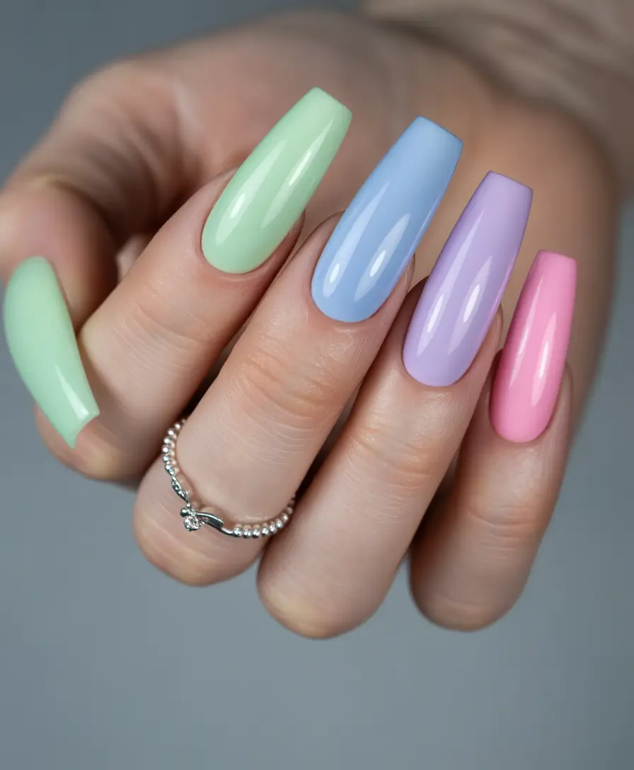 coffin summer nails ideas 2025 Pastel Sorbet Fantasy