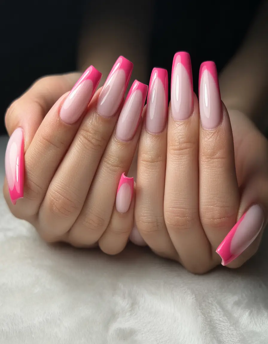 coffin summer nails ideas 2025 Glossy Hot Pink French Tips