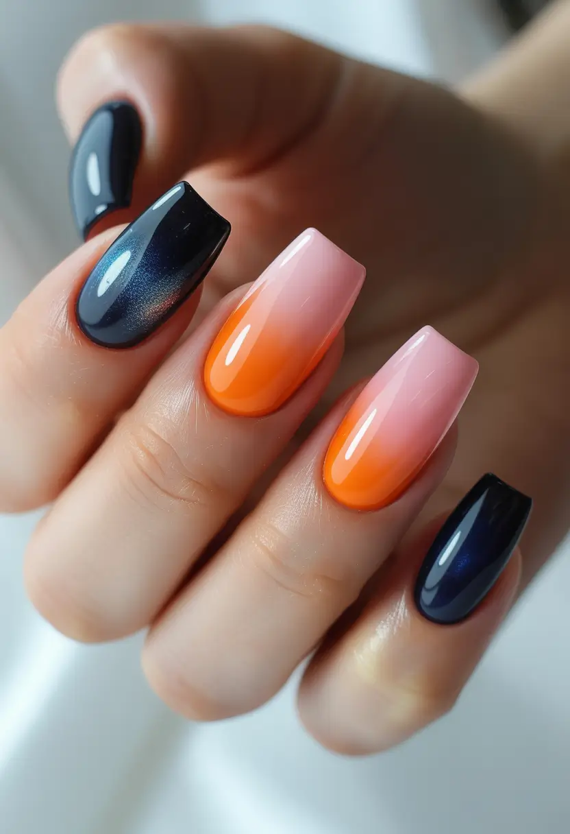 coffin summer nails ideas 2025 Sunset Fade Meets Midnight Shine