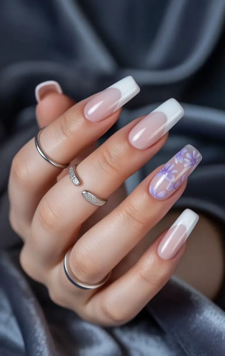 coffin summer nails ideas 2025 French With a Floral Twist