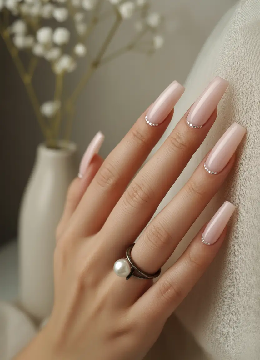 coffin summer nails ideas 2025 Pearl Accent Elegance