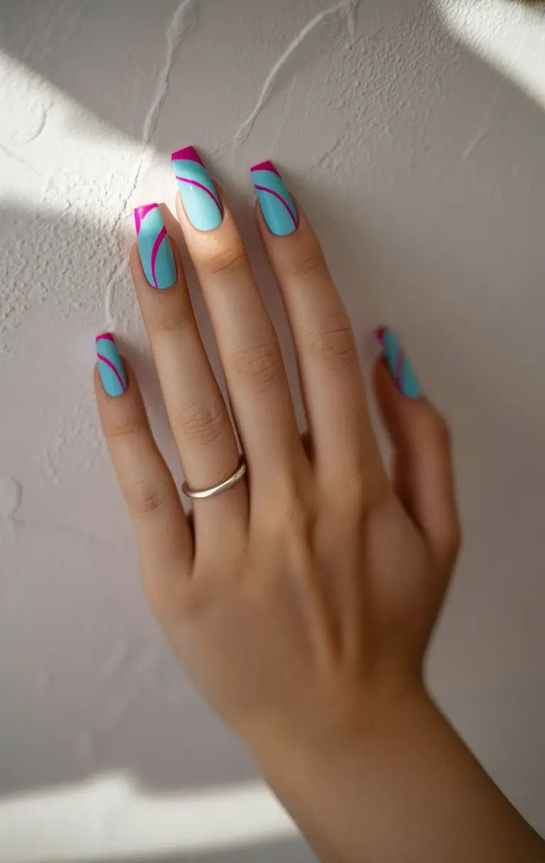 coffin summer nails ideas 2025 Neon Curve Pop