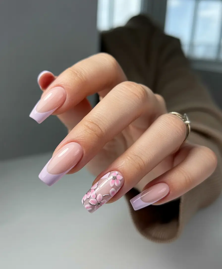 coffin summer nails ideas 2025 Soft Lilac Blossom Tips