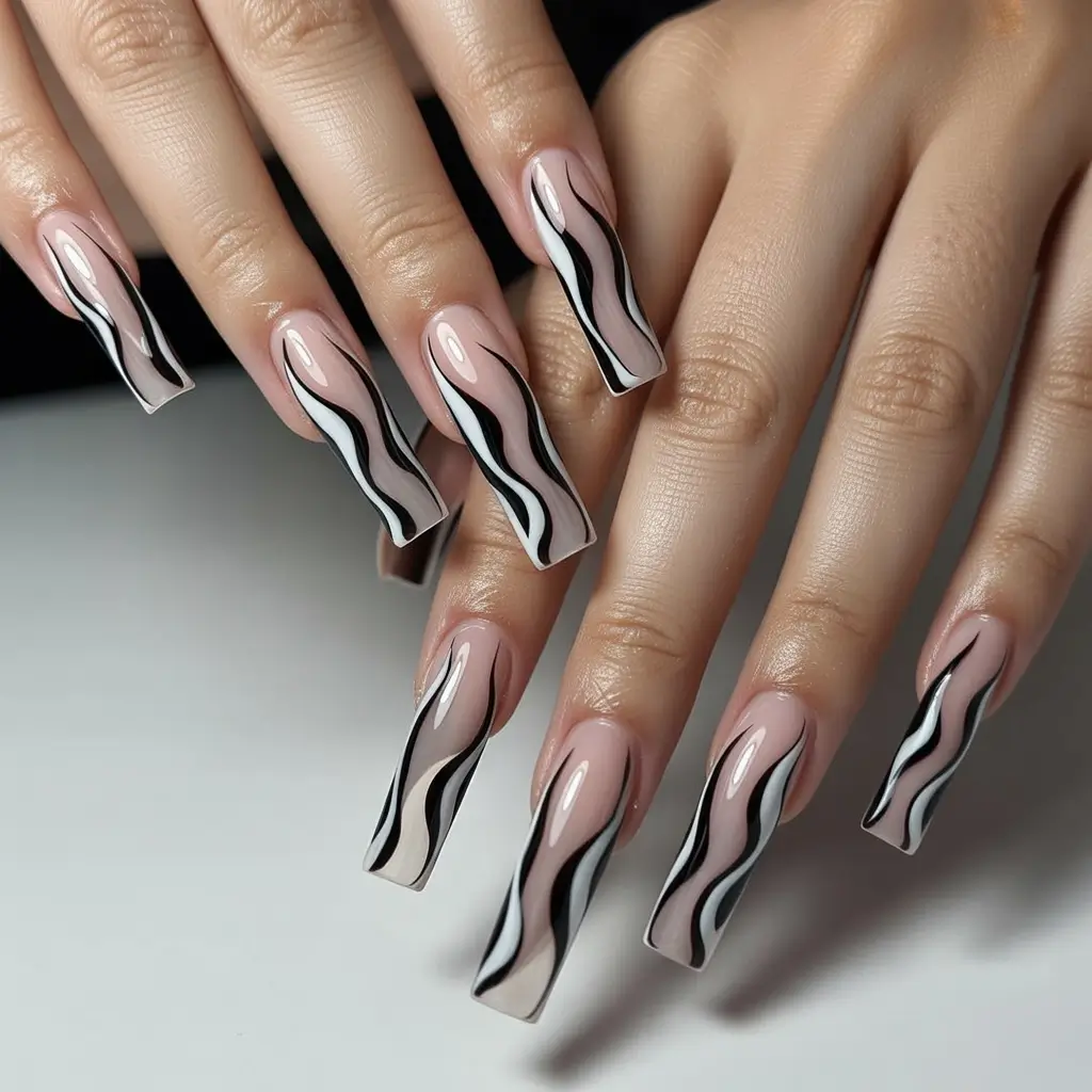 coffin summer nails ideas 2025 Monochrome Wave Motion