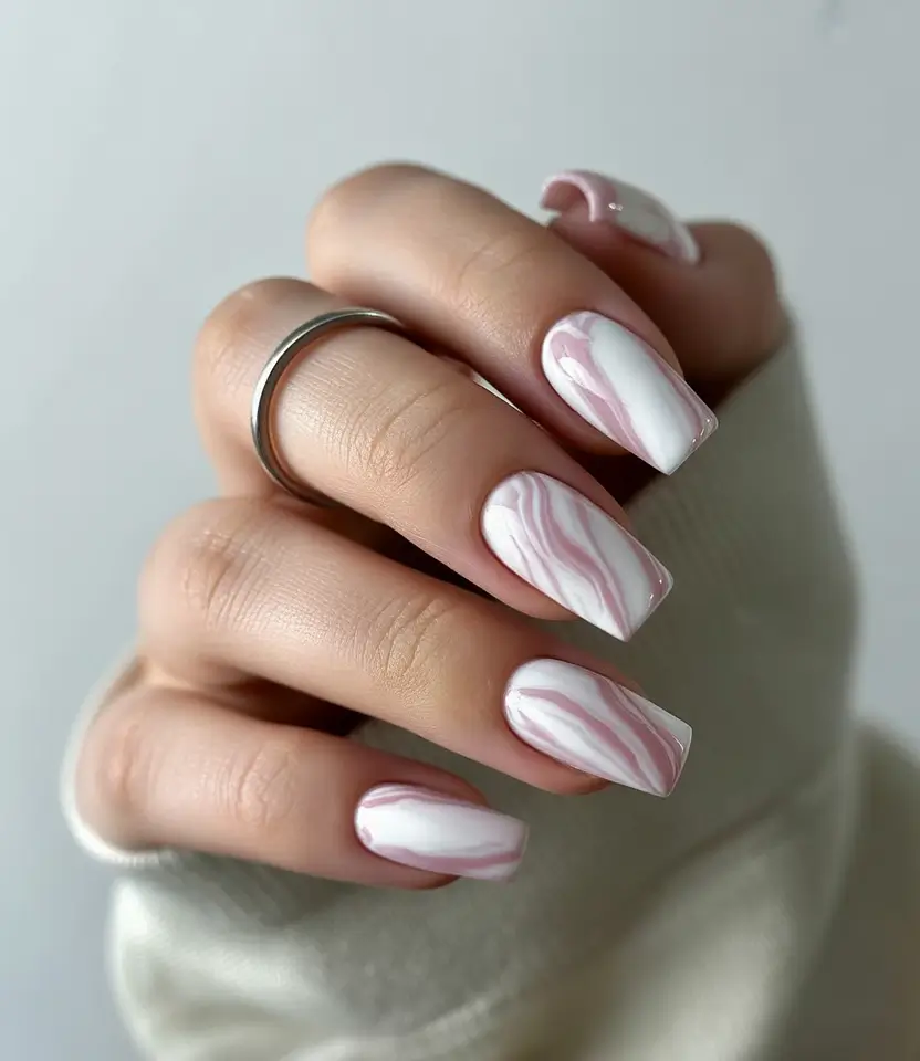 coffin summer nails ideas 2025 Rose Quartz Marble Mood