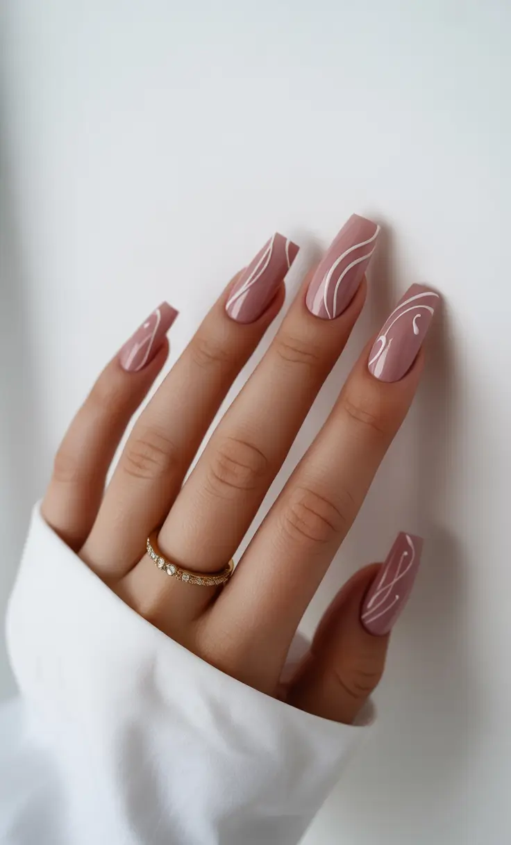 coffin summer nails ideas 2025 Dusty Mauve with Minimalist Lines