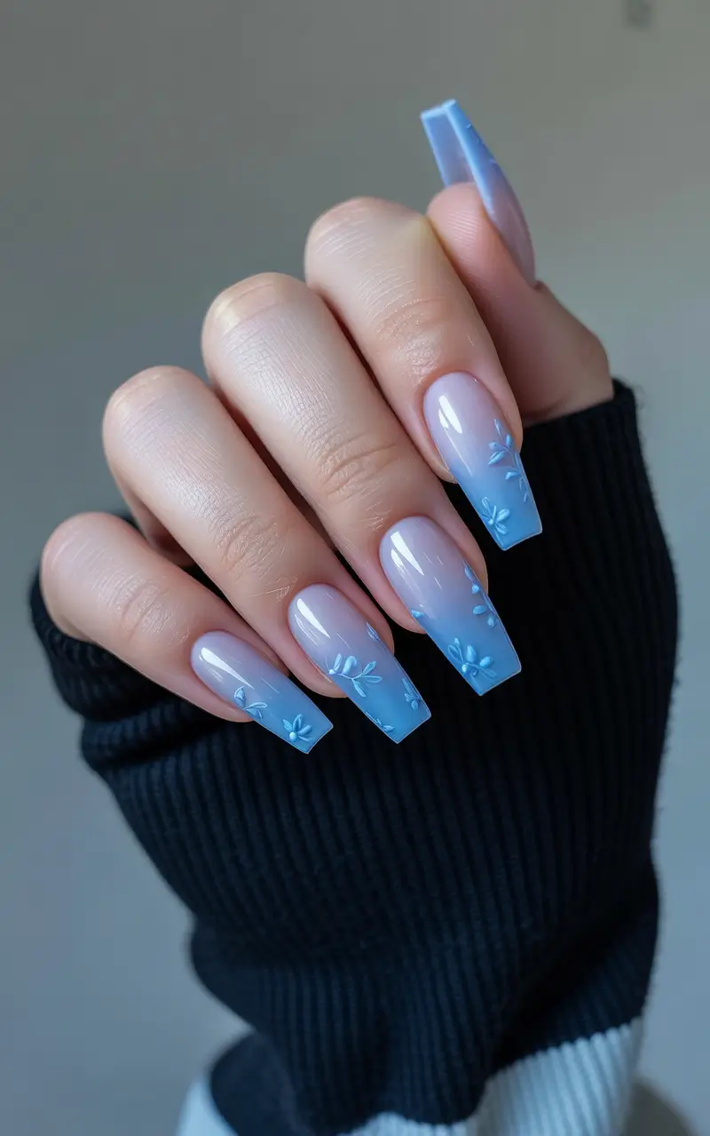 coffin summer nails ideas 2025 Frosted Blue Florals for Breezy Days