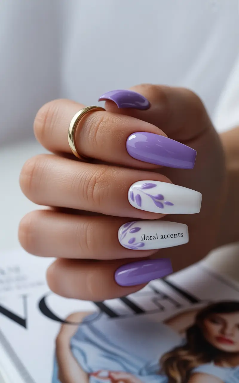 coffin summer nails ideas 2025 Lavender Whimsy with Floral Accents