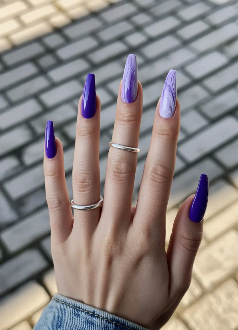 coffin summer nails ideas 2025 Electric Purple Marble with Major Attitude