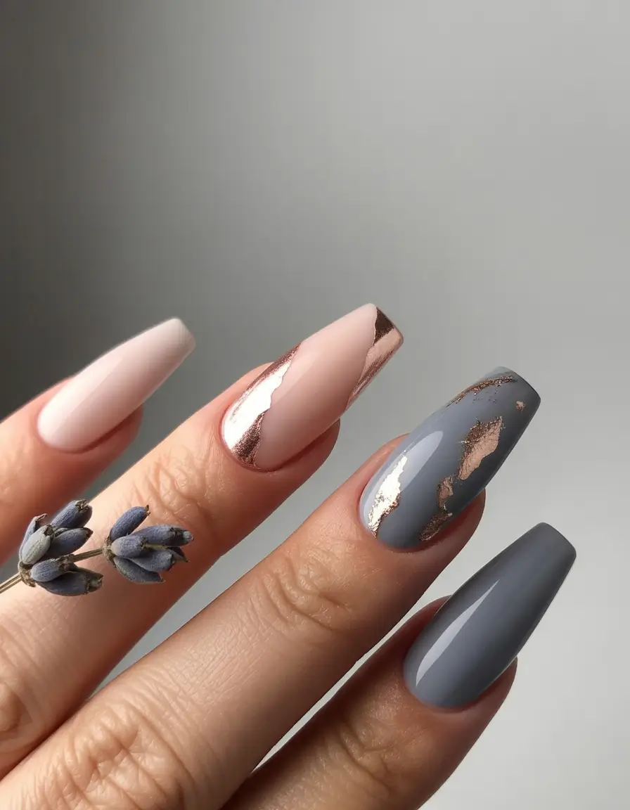 coffin summer nails ideas 2025 Rose Gold Shards and Dusty Greys