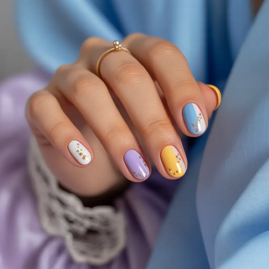 colorful summer nails ideas 2025 Playful Gem Tones with Gold Accents