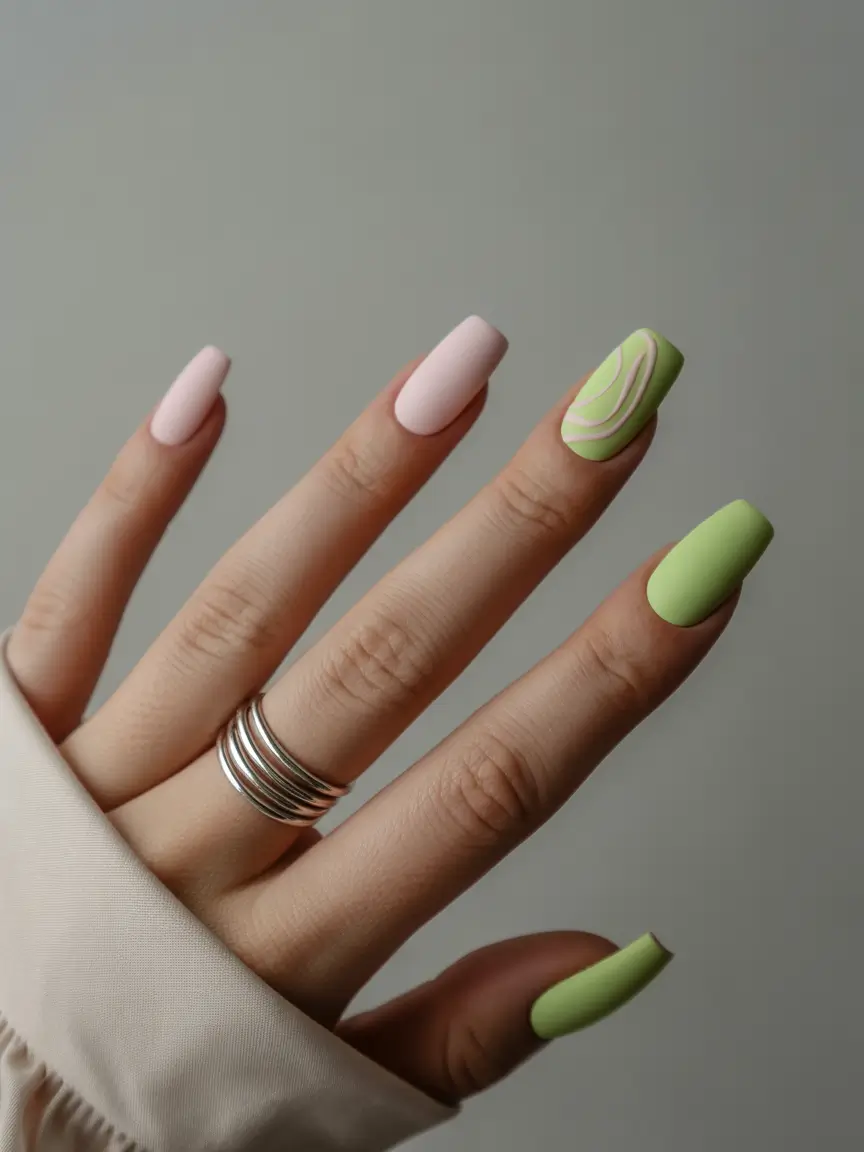 colorful summer nails ideas 2025 Matte Garden Chic with Fresh Swirls