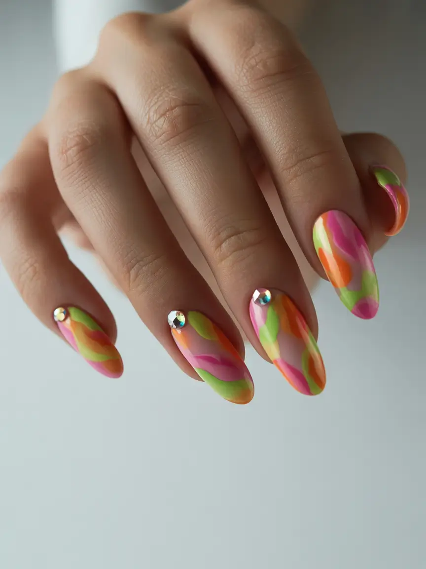 colorful summer nails ideas 2025 Candy Pop Psychedelic with Rhinestone Flair