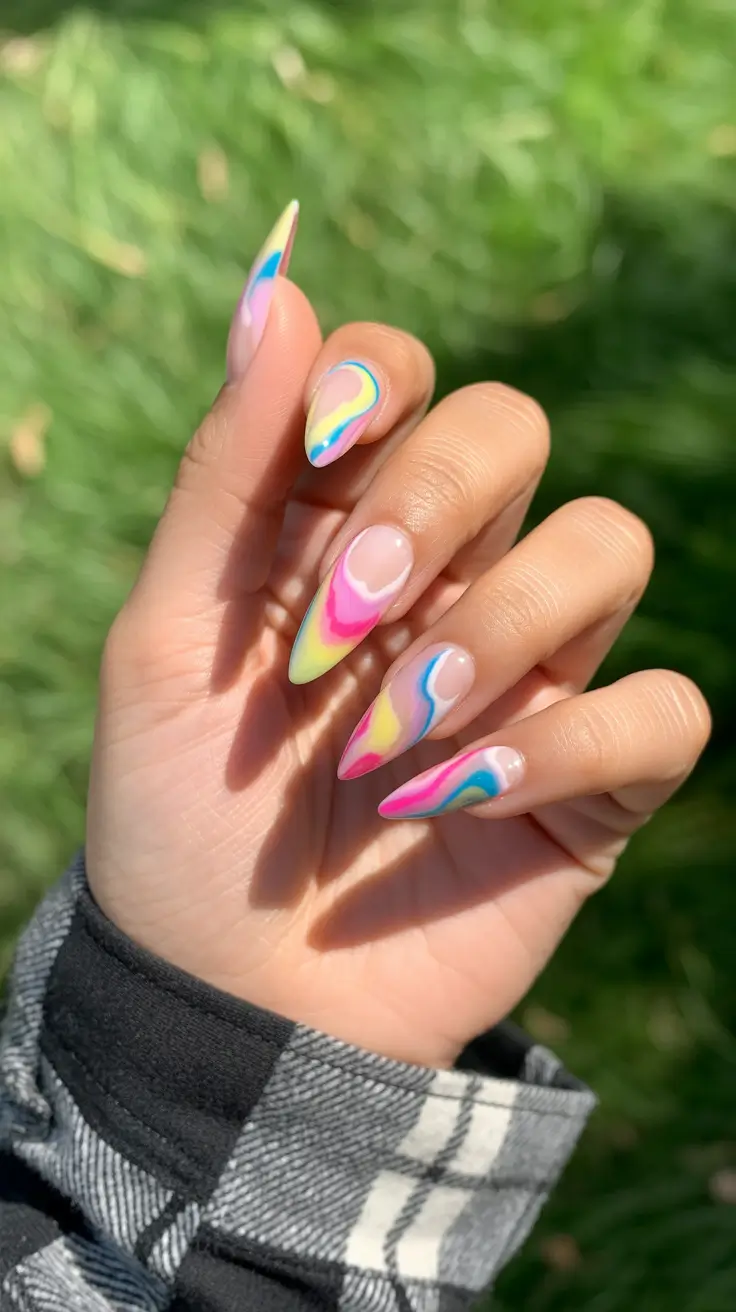 colorful summer nails ideas 2025 Swirl Spectrum with Summer Sunset Vibes