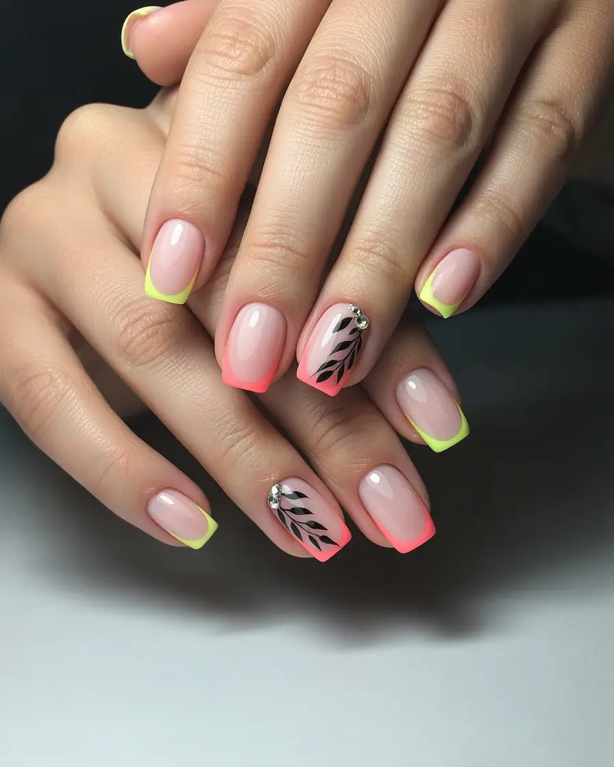 colorful summer nails ideas 2025 Sunset Tips with Tropical Leaf Art