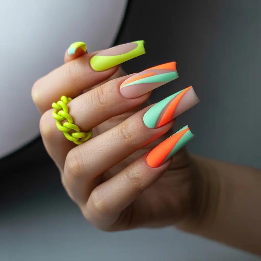 colorful summer nails ideas 2025 Neon Flames with Geometric Drama