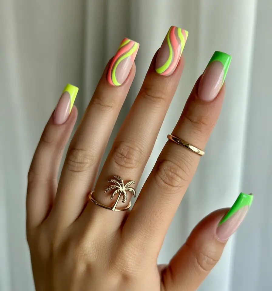 colorful summer nails ideas 2025 Juicy Swirls & Palm-Inspired Tips