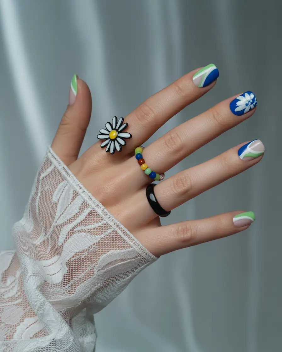 colorful summer nails ideas 2025 Wildflower Blues and Crisp Green Tips