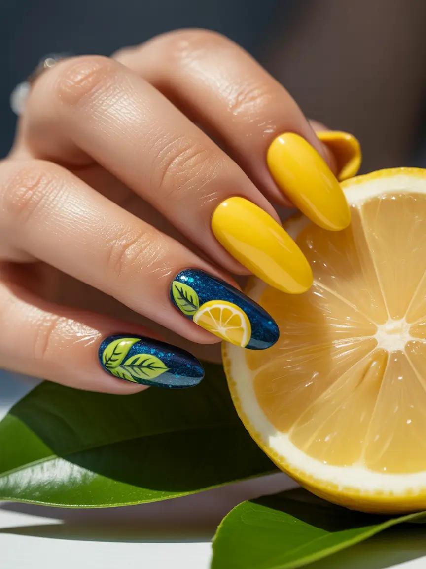 colorful summer nails ideas 2025 Lemon Fizz and Midnight Sparkle