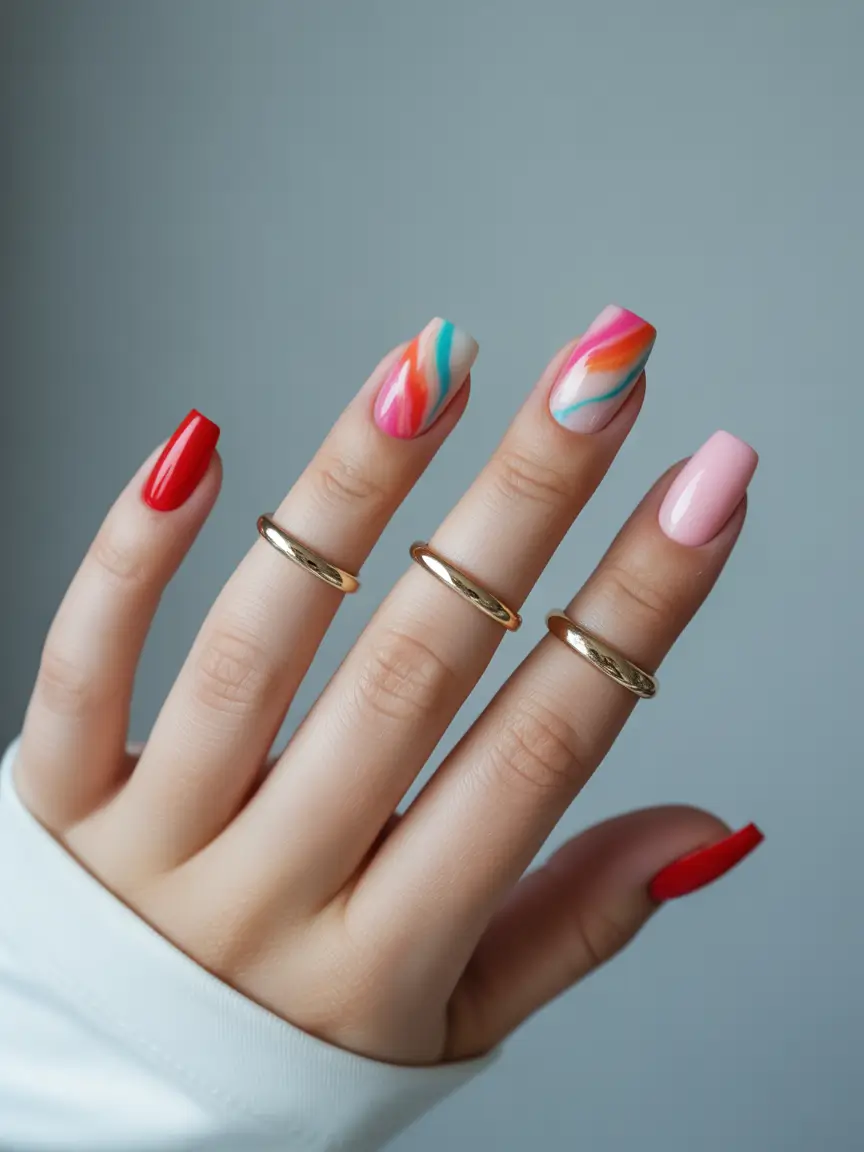 colorful summer nails ideas 2025 - Freehand Sunset Swirls