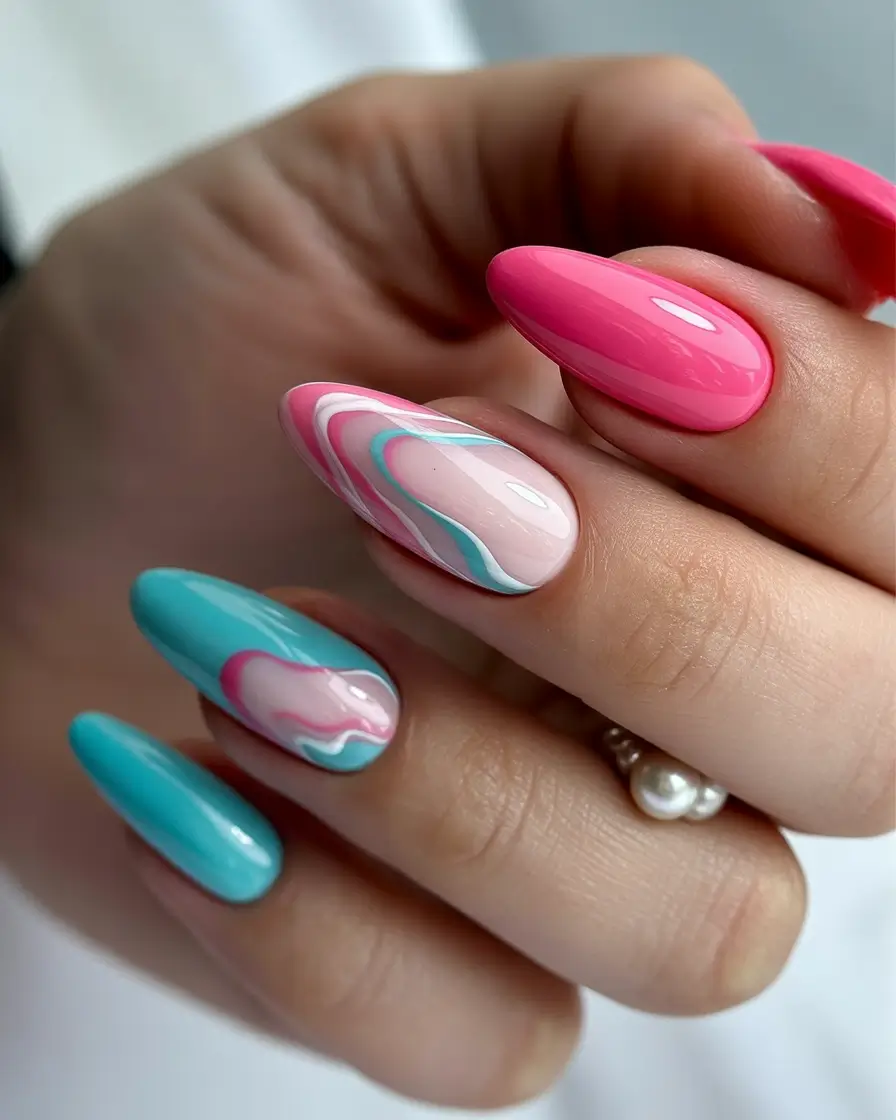 colorful summer nails ideas 2025 - Bubblegum Meets Turquoise Twist