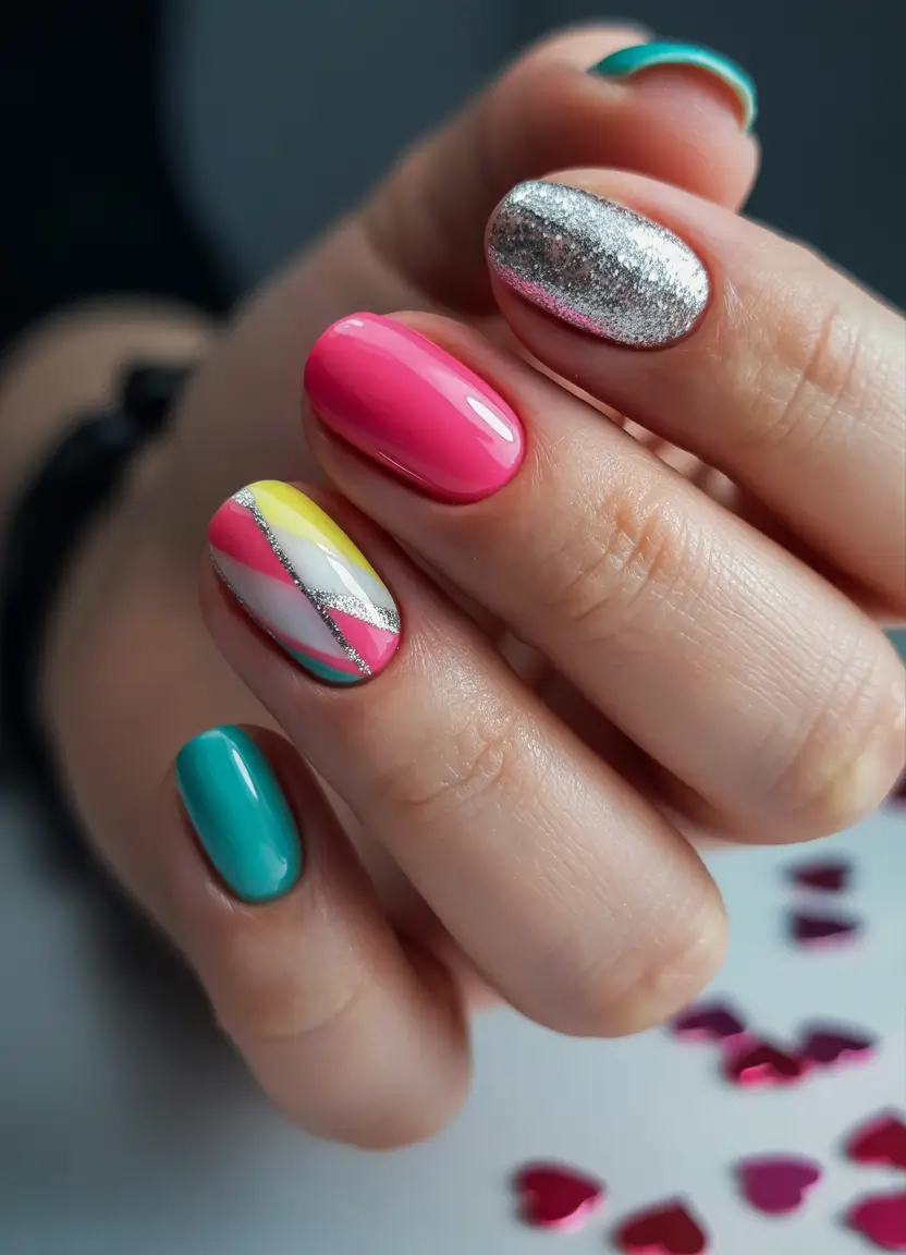 colorful summer nails ideas 2025 - Diagonal Pop With Glitter Lines