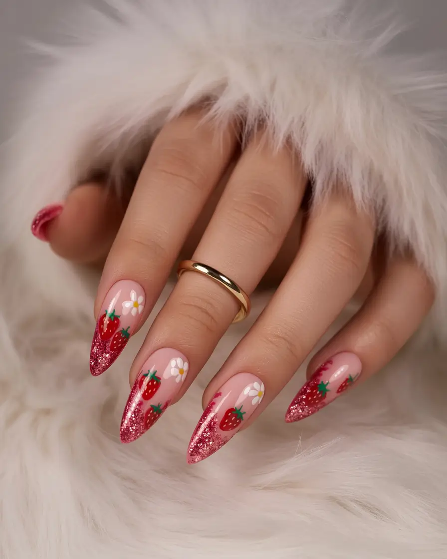 cute summer almond nails Sweet Strawberry Sparkle