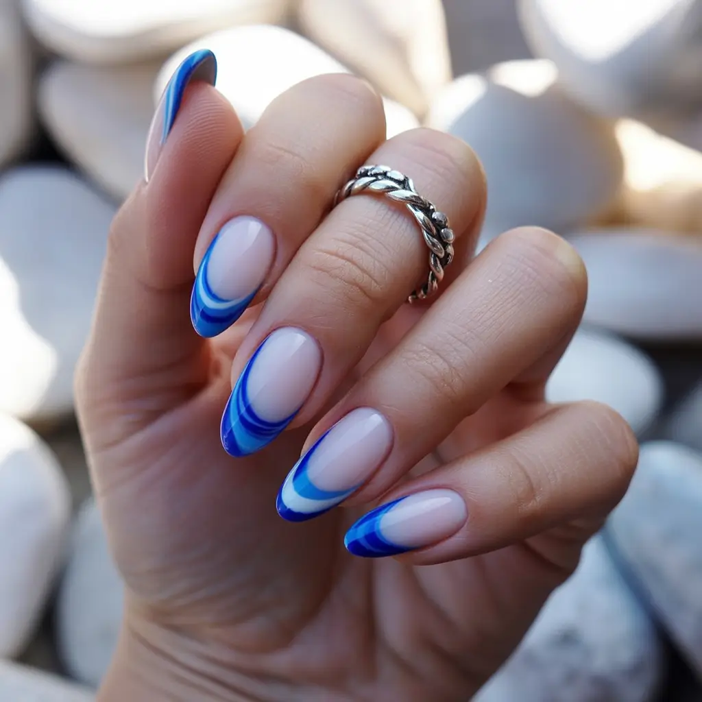 cute summer almond nails Electric Blue Wave Layers