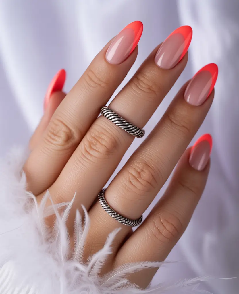 cute summer almond nails Hot Coral French Edge