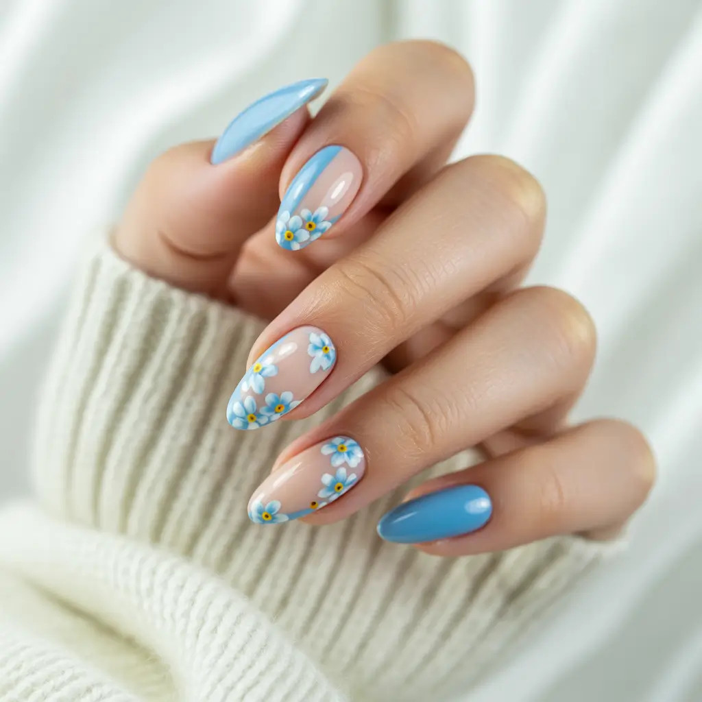 cute summer almond nails Daisy Daydream in Blue