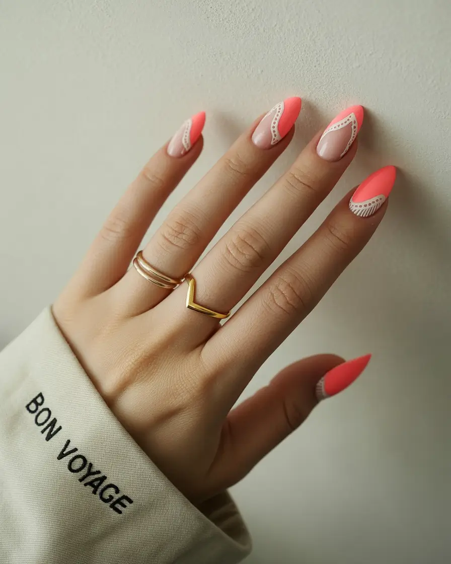 cute summer almond nails Hot Pink Lace Accents