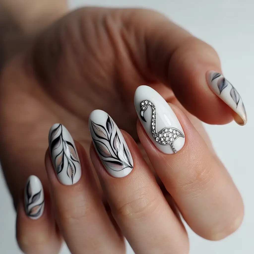 cute summer almond nails Black & White Botanical Drama