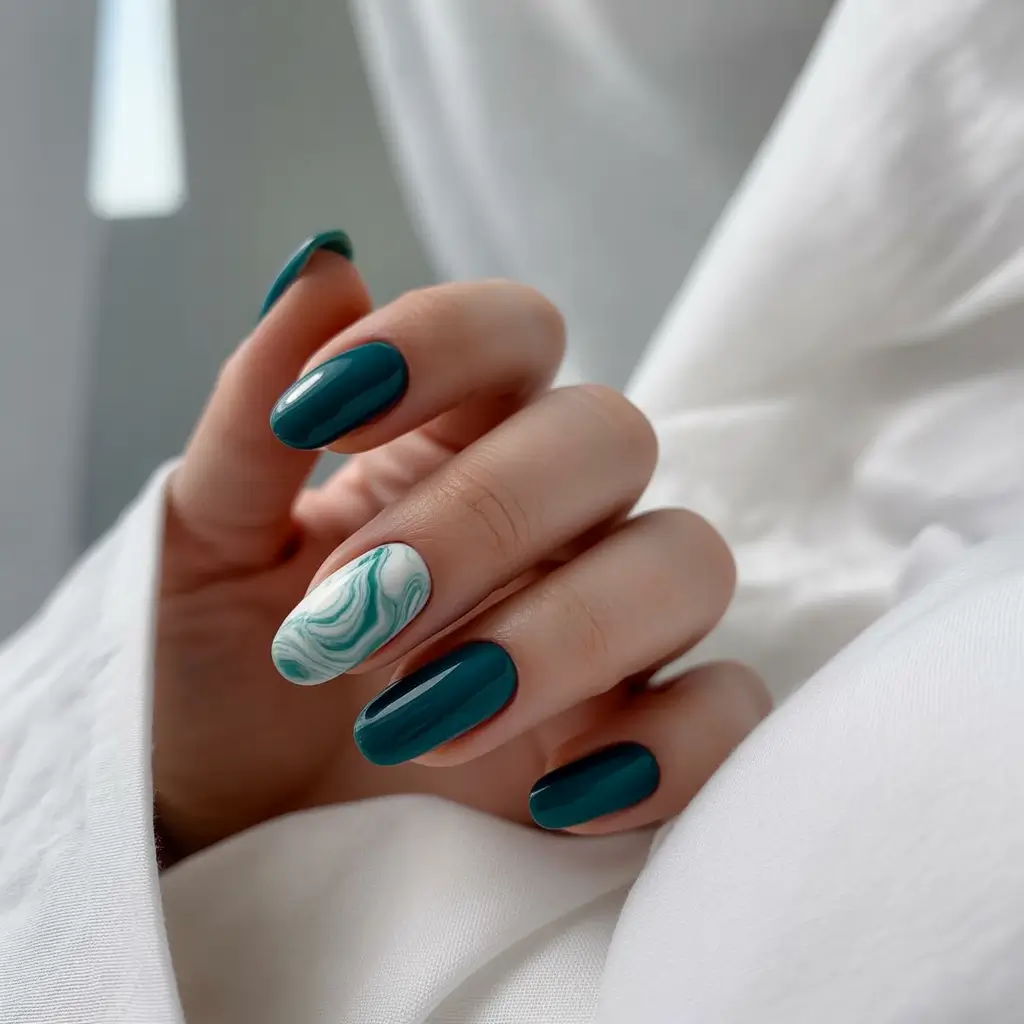 cute summer almond nails Emerald & Malachite Marble