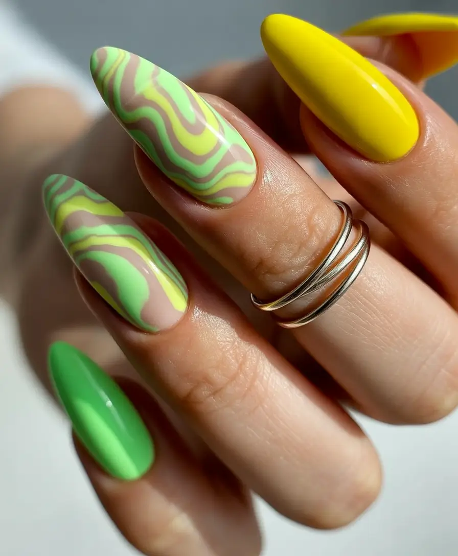 cute summer almond nails Lime Swirl & Sunshine Pop