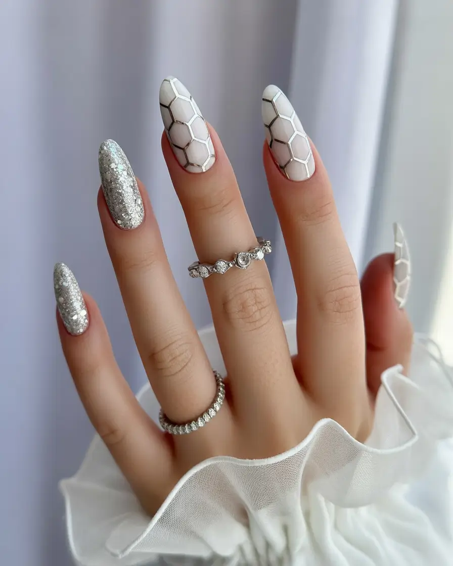 cute summer almond nails Silver Sparkle Meets Honeycomb Chic