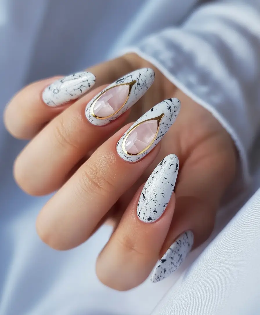 cute summer almond nails Cracked Marble & Crystal Drop