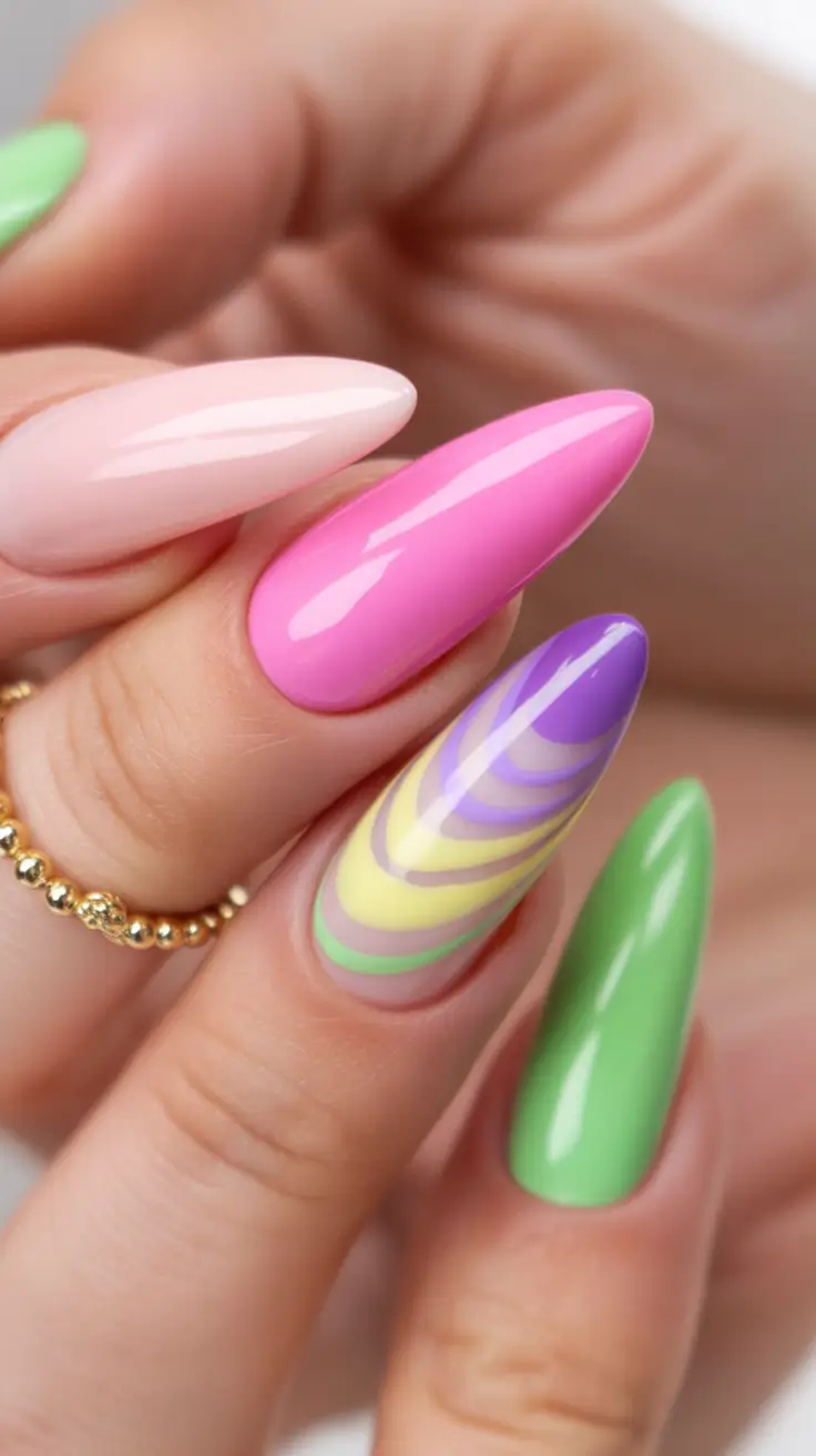 cute summer almond nails Pastel Swirl Paradise