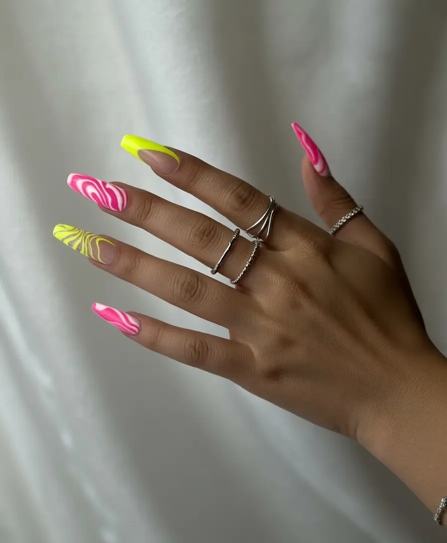 cute summer nails 2025 Electric Swirls in Pink & Neon