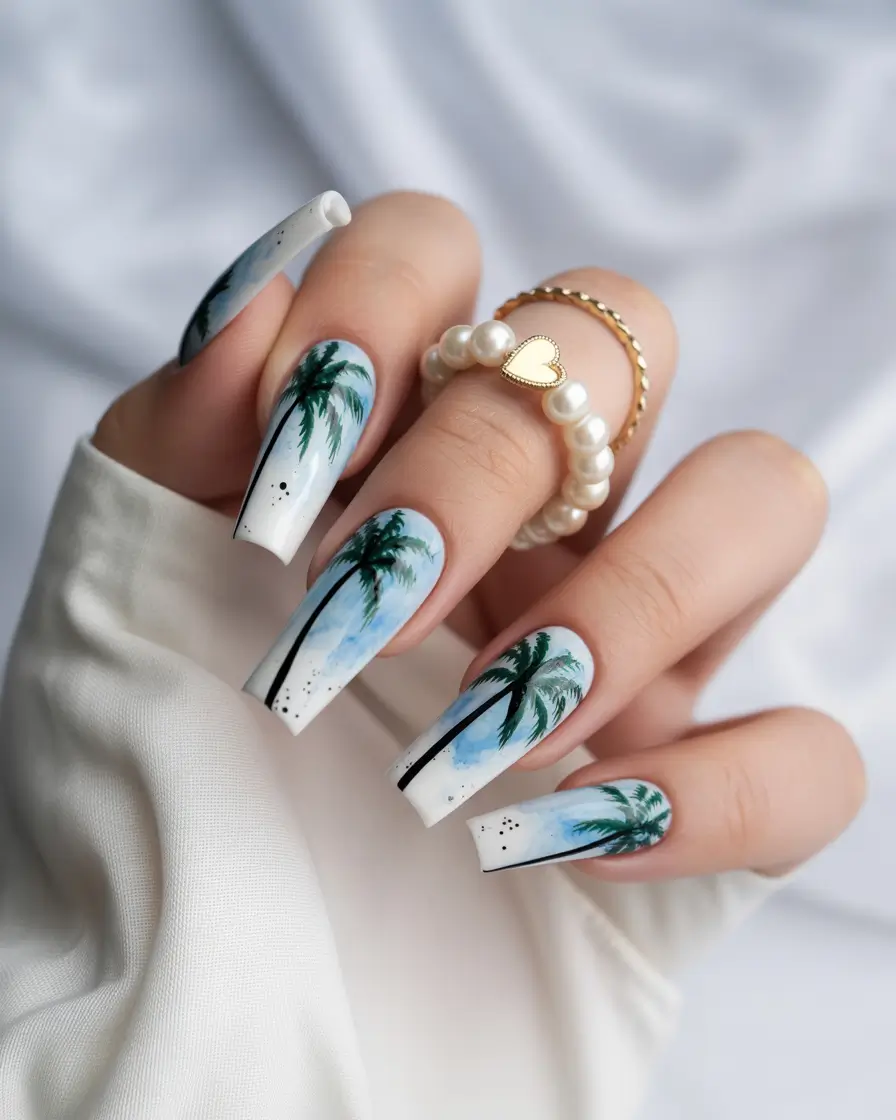 cute summer nails 2025 Coastal Calm with a Palm Tree Twist