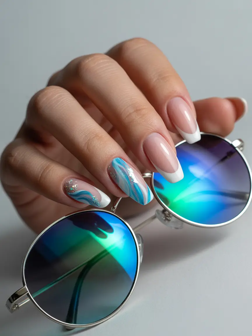 cute summer nails 2025 Blue Wave French for the Win