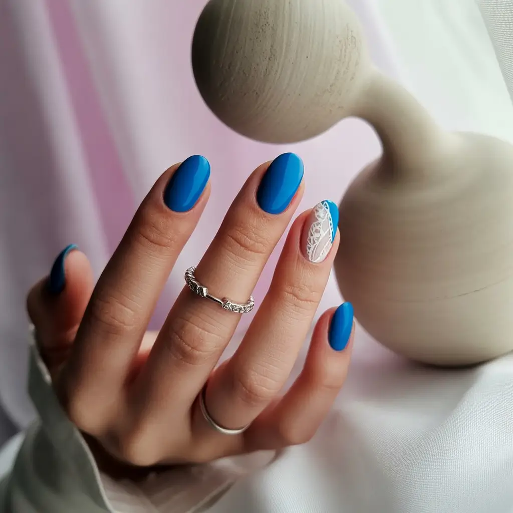 cute summer nails 2025 Bold Blue with Lace Detail