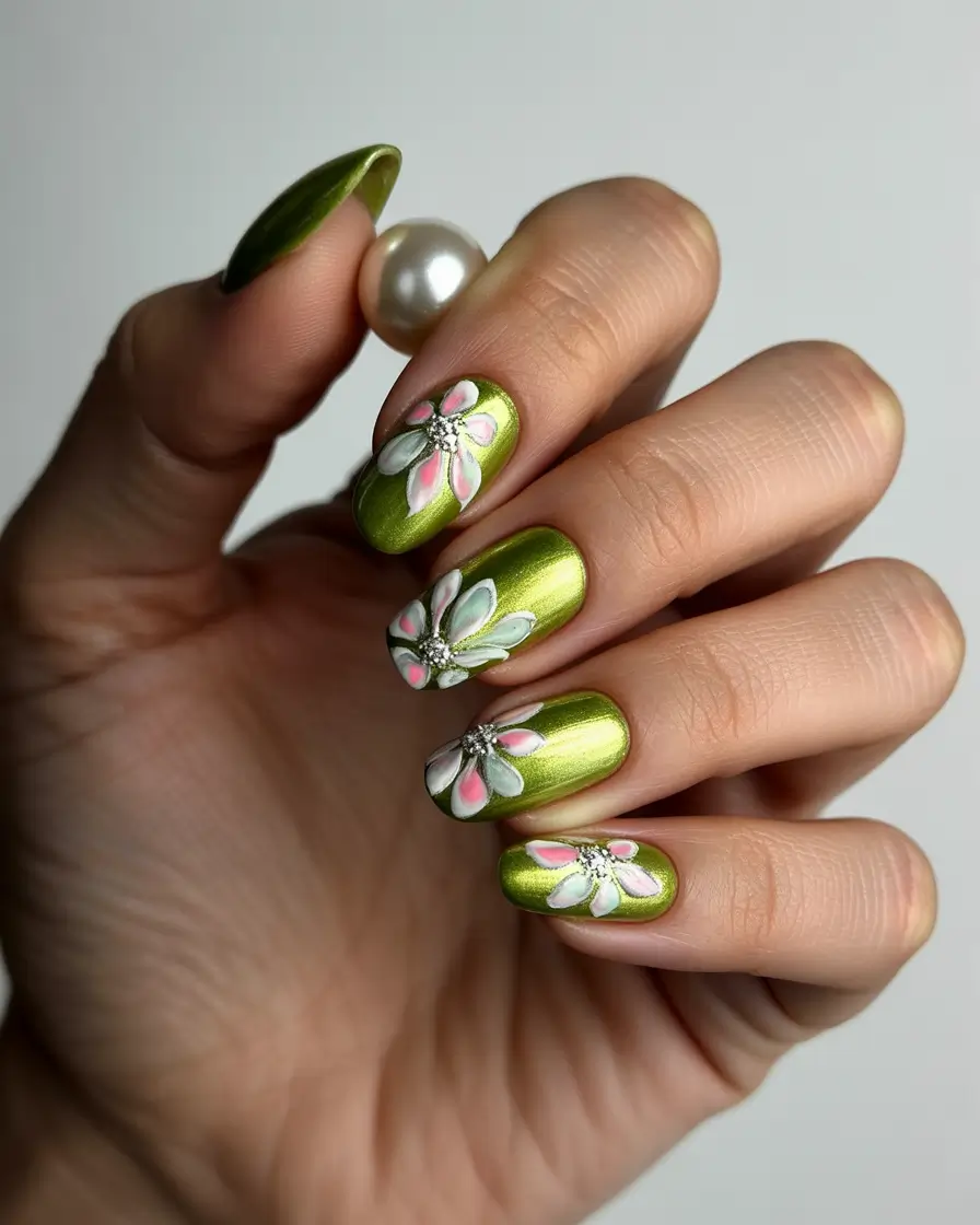 cute summer nails 2025 Metallic Green Meets Floral Fantasy